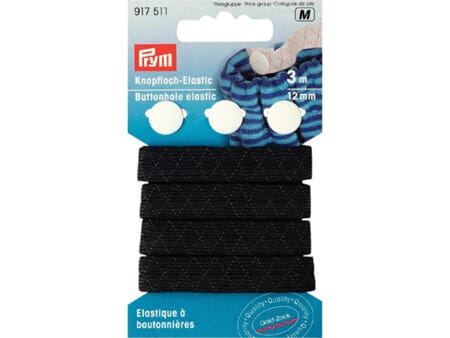 Prym knappehullstrikk m/ 3 knapper - sort - 12 mm/ 3 m