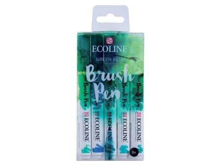 Ecoline Brush Pen - 5 tusj med penseltupp - Grønn/blåtoner