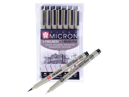 Sakura Pigma Micron - sort - sett 6 + 1 brush